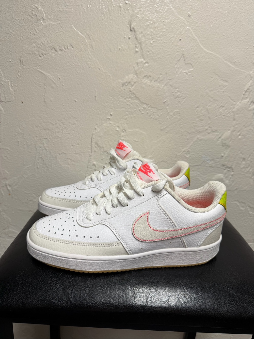 Nike Women's White Low-Top Sneakers with Pink Stitching and Lime Heel